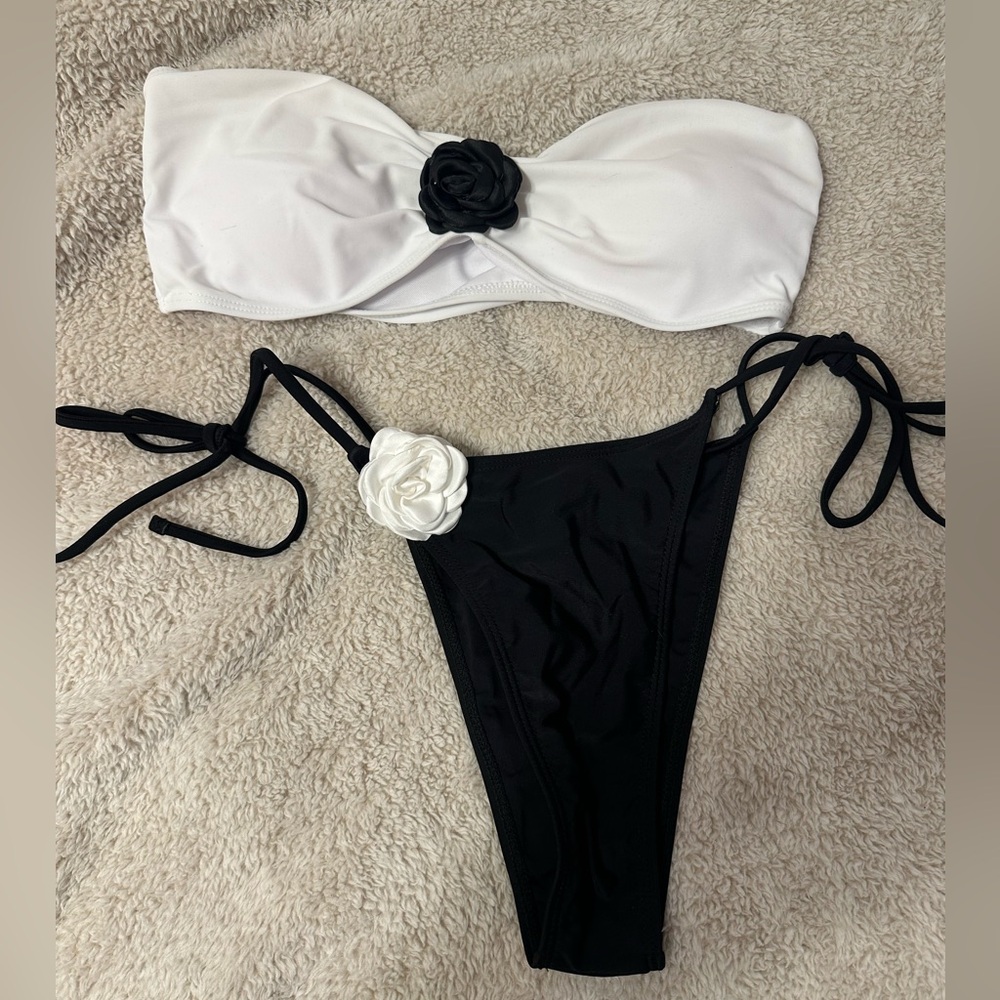 Black and White Bikini Set with Floral Accents